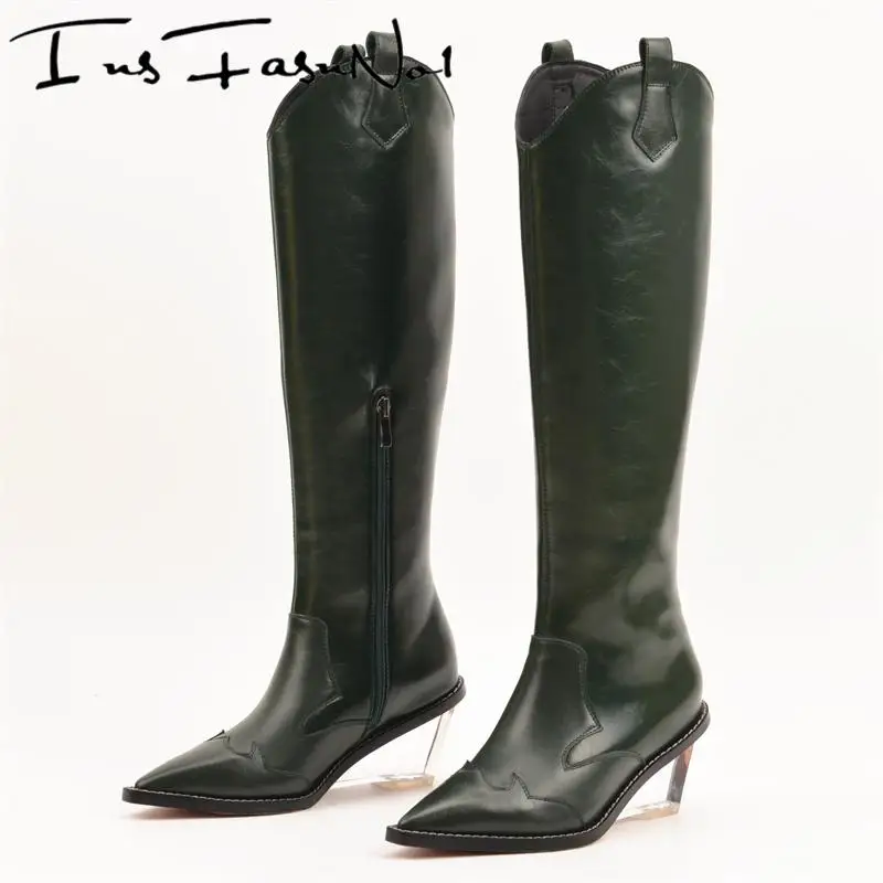 

Retro Leather Western Cowboy Boots Women High Wedges Clear Heel Zip Cowgirl Green Boots Casual Cut Runway Ladies Shoes 2022 Shoe