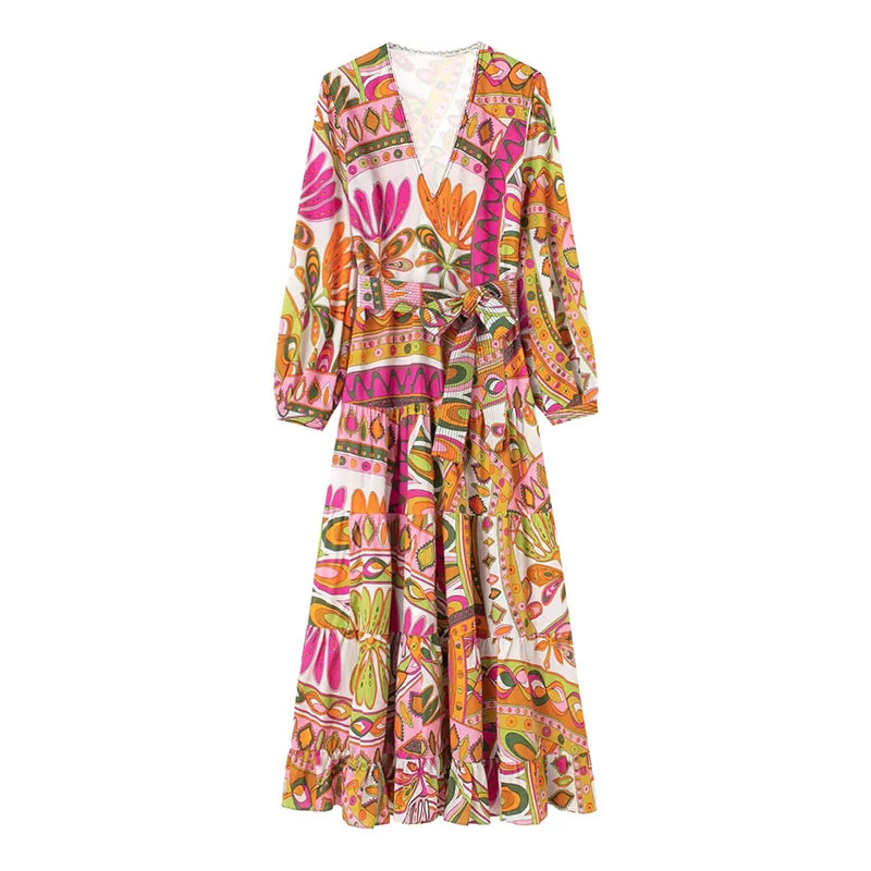 

Женское винтажное платье с длинным рукавом, V-образным вырезом и поясом