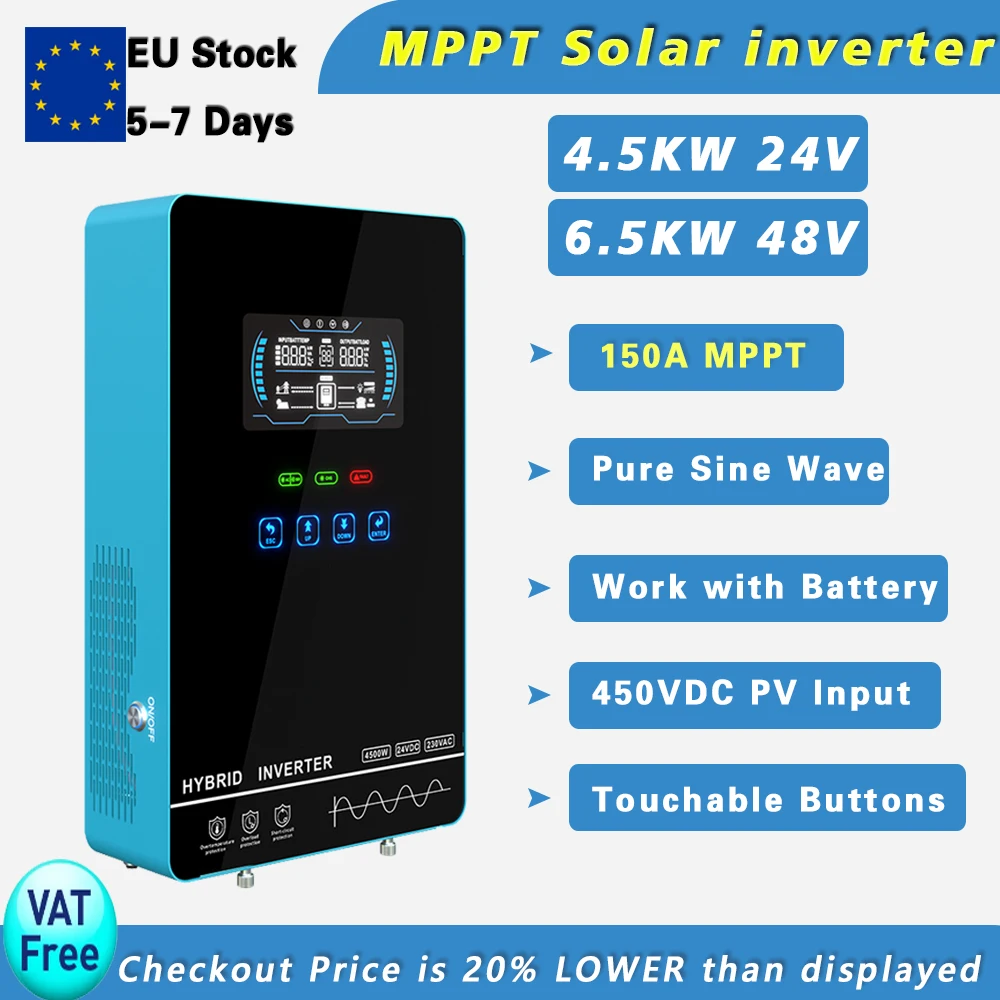 

6.5KW 48V 4.5KW DC24V Solar Off grid Inverter 120VAC 230VAC Pure sine wave MPPT 150A Solar Charger with Touch screen