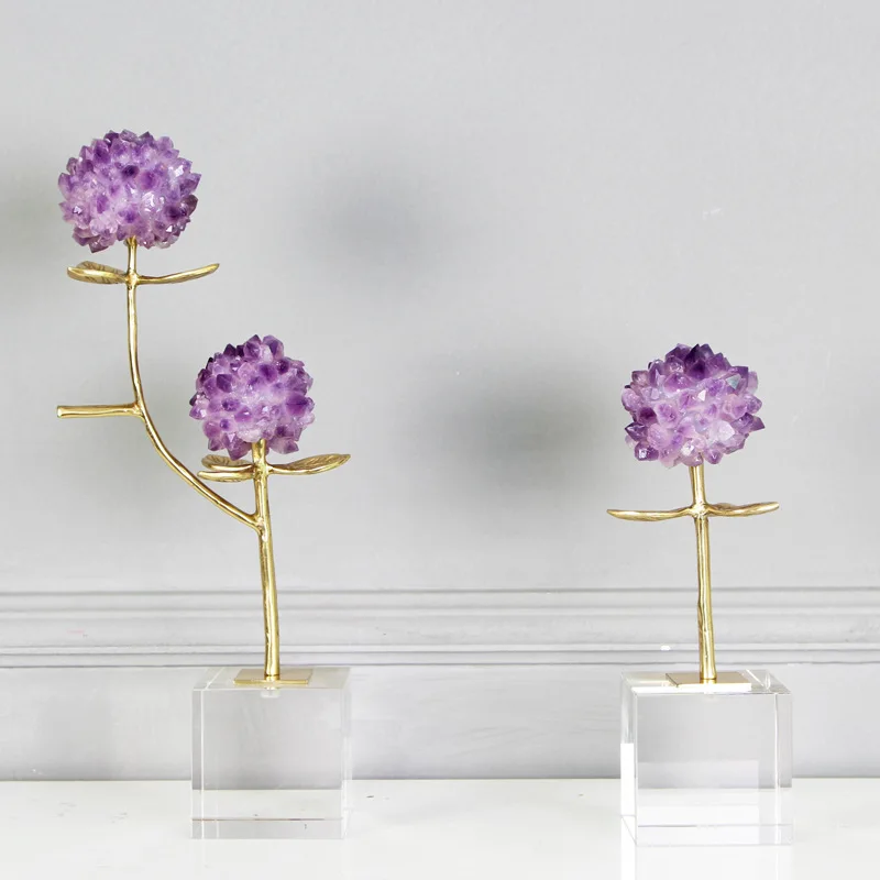 Brass Amber Branch Ornament Amethyst Simulation Flower Metal Branches Crystal Base Flowers Home Decoration