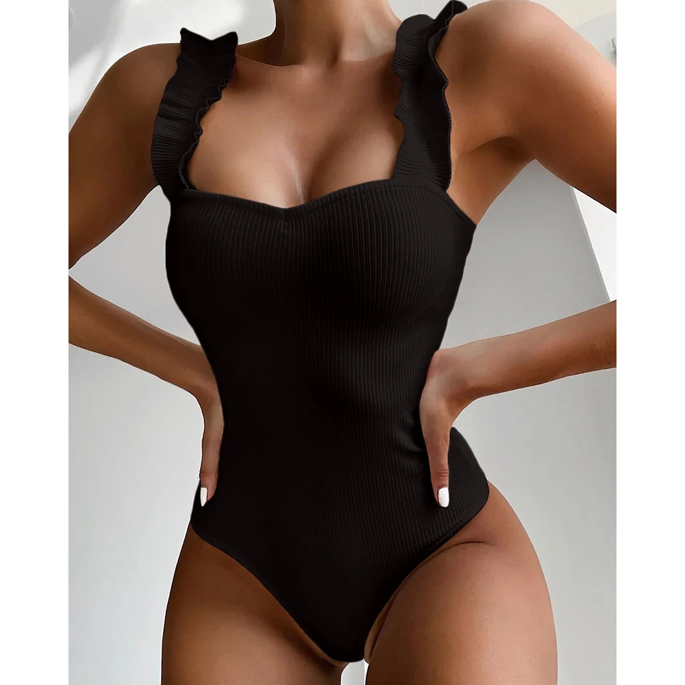 

Vintage Swimsuit Women One Piece Ruffle Strap Swimwear Female Push Up Monokini Padded Beach Bathing Suits Black Bodysuits