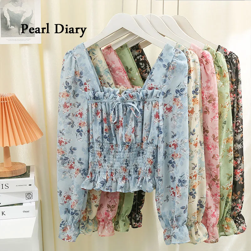 

Pearl Diary Retro Flower Printing Low Neck Exposed Clavicle Top Women Pastoral Wind Fold Chiffon Shirt Bowknot Frenulum Thin Top