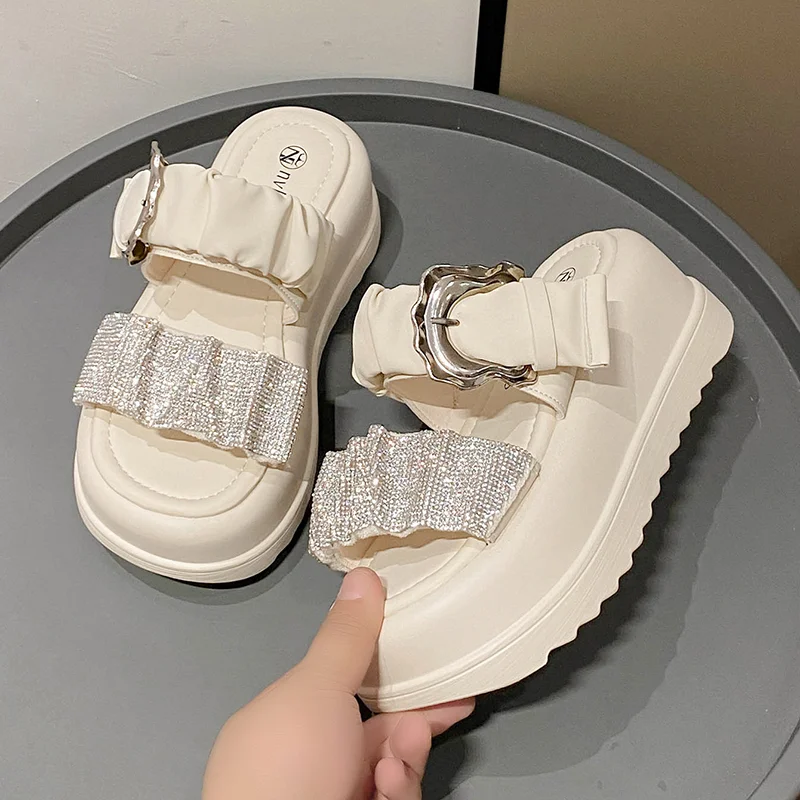 

Сандалии женские на платформе 7 см, босоножки на танкетке с пряжкой, шикарные уличные, повседневные шлепанцы для пляжа, лето, 2023