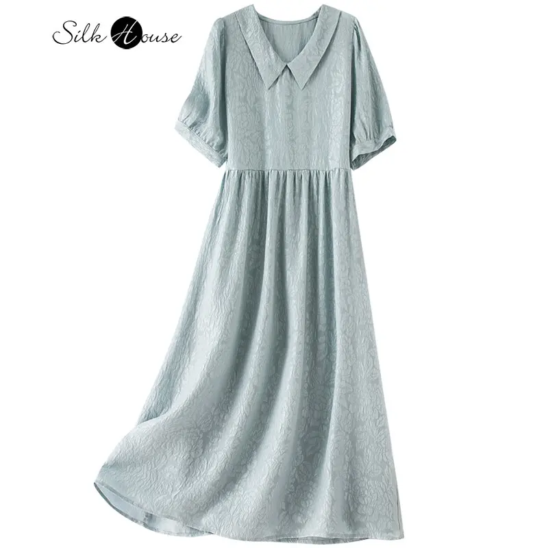 2023 Summer Silk Crowne Crepe Medium Long Style Temperament Wide Songsang Silk Slim A-line Fashion Dress for Women