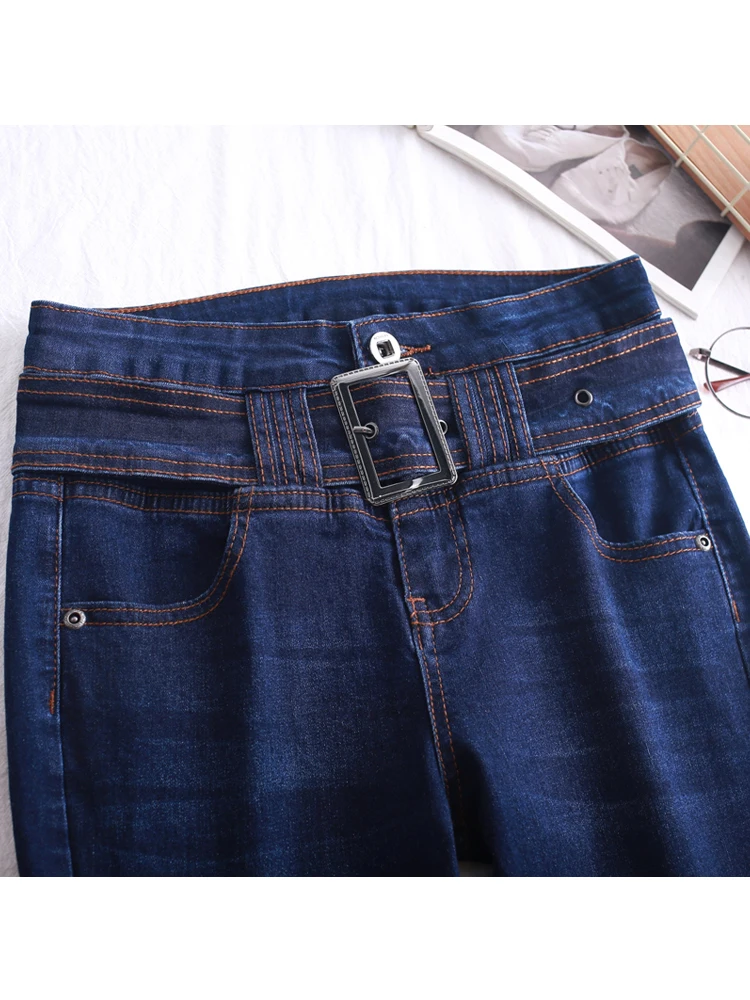 Xisteps 2022 Autumn Winter Warm Velvet Jeans Women Vintage Skinny Jeans Female Stretch Trousers Women Denim Pants With Belt