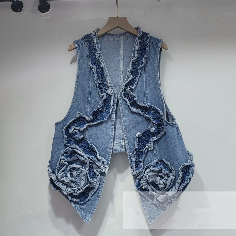 

Spring Summer Vintage Ruffles Patchwork Blue Cropped Denim Vest Irregular Hem Slim Lapel Sleeveless Jeans Waistcoat Veste Femme