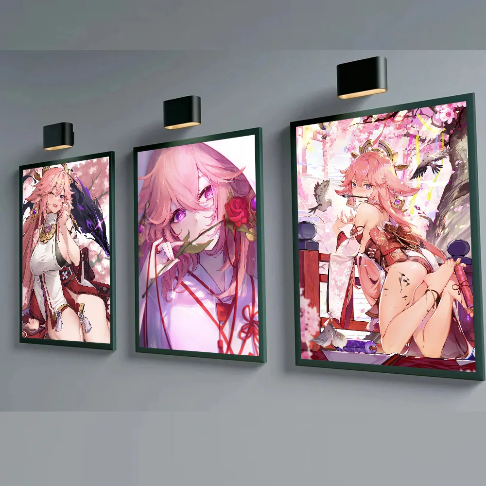 Игра аниме Genshin Impact Yae Miko постеры наклейки для гостиной спальни входа кафе