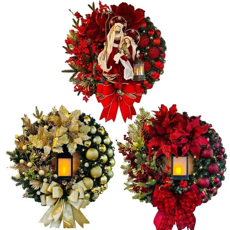 

Christmas Wreath with Large Bow Front Door Garland Artificial Christmas Wreath LED Seasonal Ornament Christmas Decoration