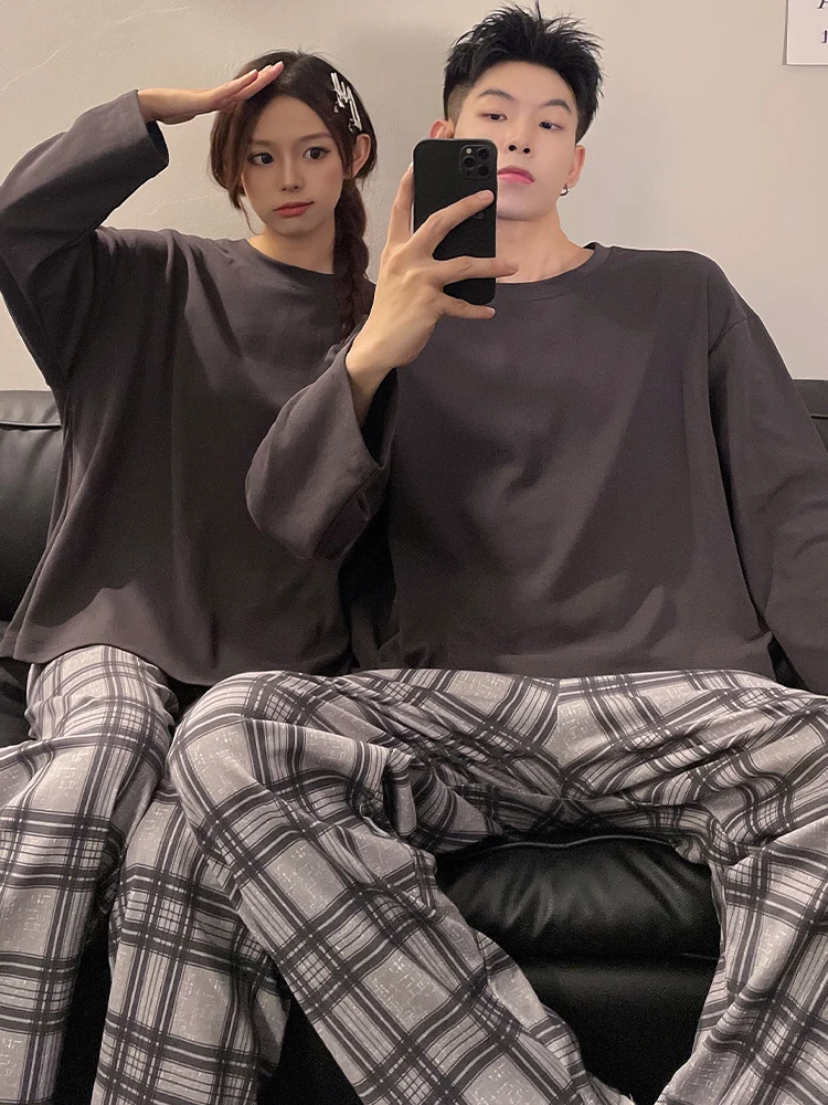 Pajamas Women Spring and Autumn Summer Pure Cotton Long sleeve Solid Couple Plaid Pants Can Be Worn outside High-End Men's Wi...