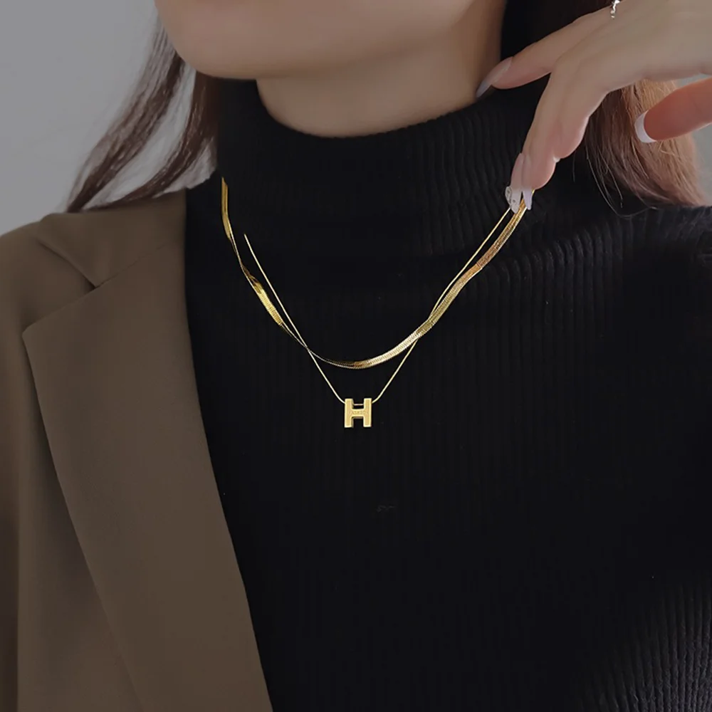 

RACHELZ Minimalist Stainless Steel Letter H Necklace Light Luxury Double Layered Snake Chain For Women Jewelry No Fading