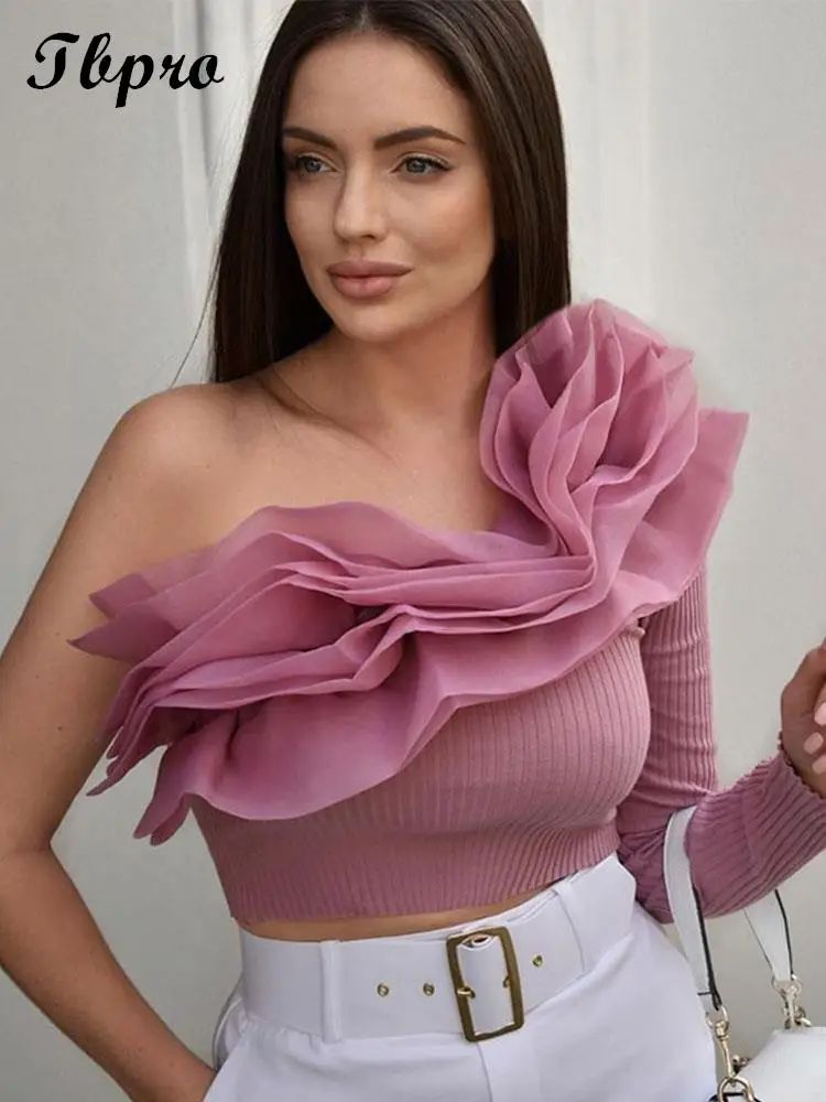 

Elegant Mesh Ruffled Knitted Crop Tube Tops Women Chic One Shoulder Sleeve Asymmetrical Tops Lady Sexy High Street Corset Shirt