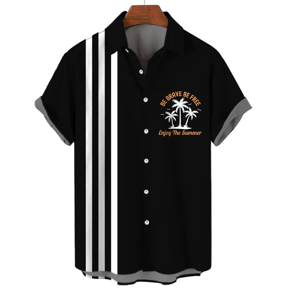 

Мужская рубашка с принтом пальмы, повседневные футболки, однобортные полосатые футболки с лацканами и коротким рукавом, мужская летняя одежда