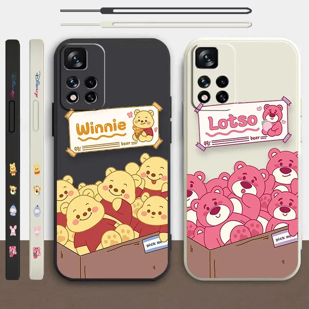 

Funny Cute Pooh Bear Lotso Cartoon Phone Case For Redmi Note 12 11 11T 11R 11E 10 9 8 7 5G Liquid Silicone Left Rope Cover Funda