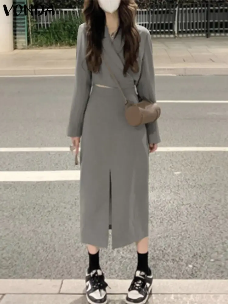 

Модное женское платье VONDA 2023 осенний костюм с длинным рукавом воротник однотонный топ и элегантная длинная юбка бандажный Повседневный 2 шт.