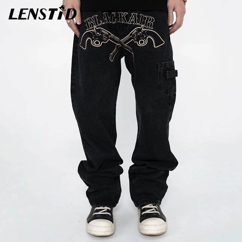 Джинсы LENSTID мужские с вышивкой черные брюки из денима Джоггеры в стиле хип-хоп