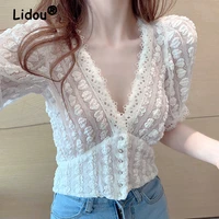 deep v neck lace hollow out puff sleeves white shirt 2022 spring summer sexy blouse short sleeve casual short shirt for female