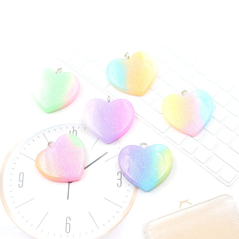 

Yamily 10Pcs/24*22mm Resin Gradient Color Heart Charm Flash Powder Heart DIY Pendant Jewelry For Keychain Earring Necklace