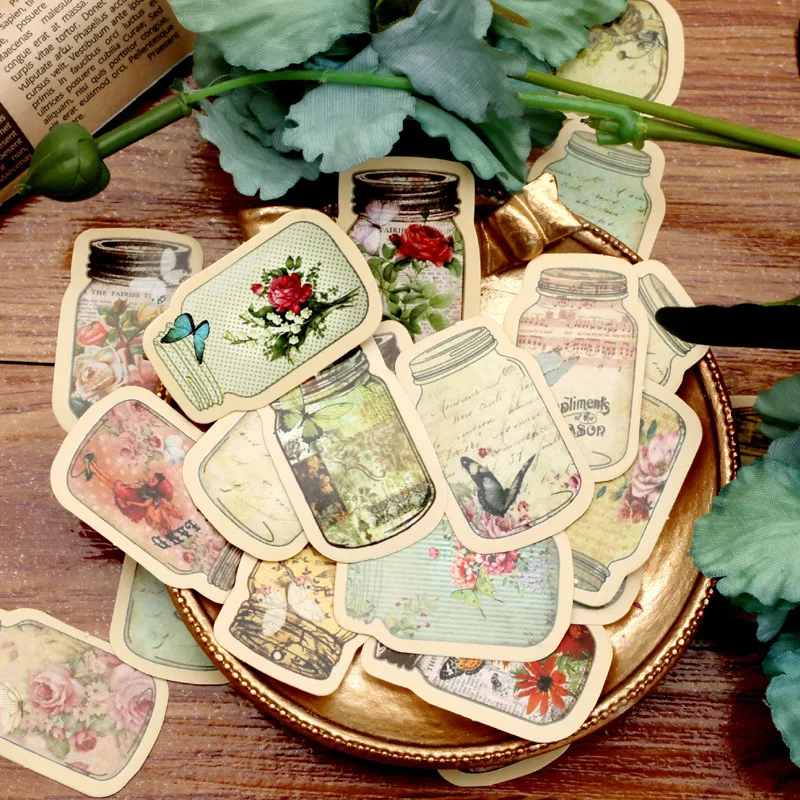 

46pcs Vintage Boxed Stickers Scrapbooking Bottle Flowers Label Diary Album Phone Journal Planner Stationery