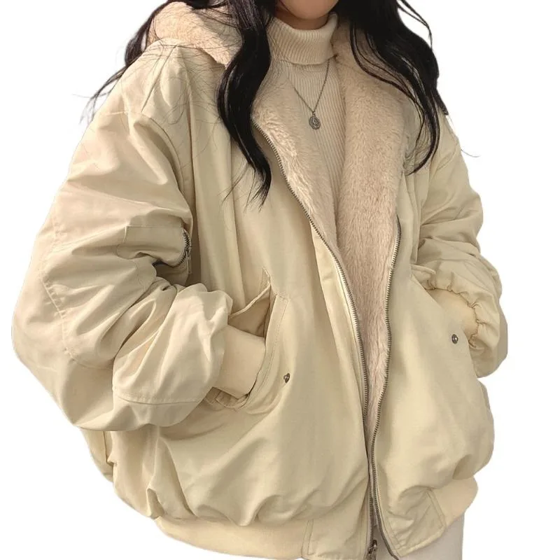 

Winter 2023 New Cashmere Thickening Hooded Short Coat On Both Sides Lamb Wool Cotton Coat Cotton Women's Wear Chaquetas Y2k Trf