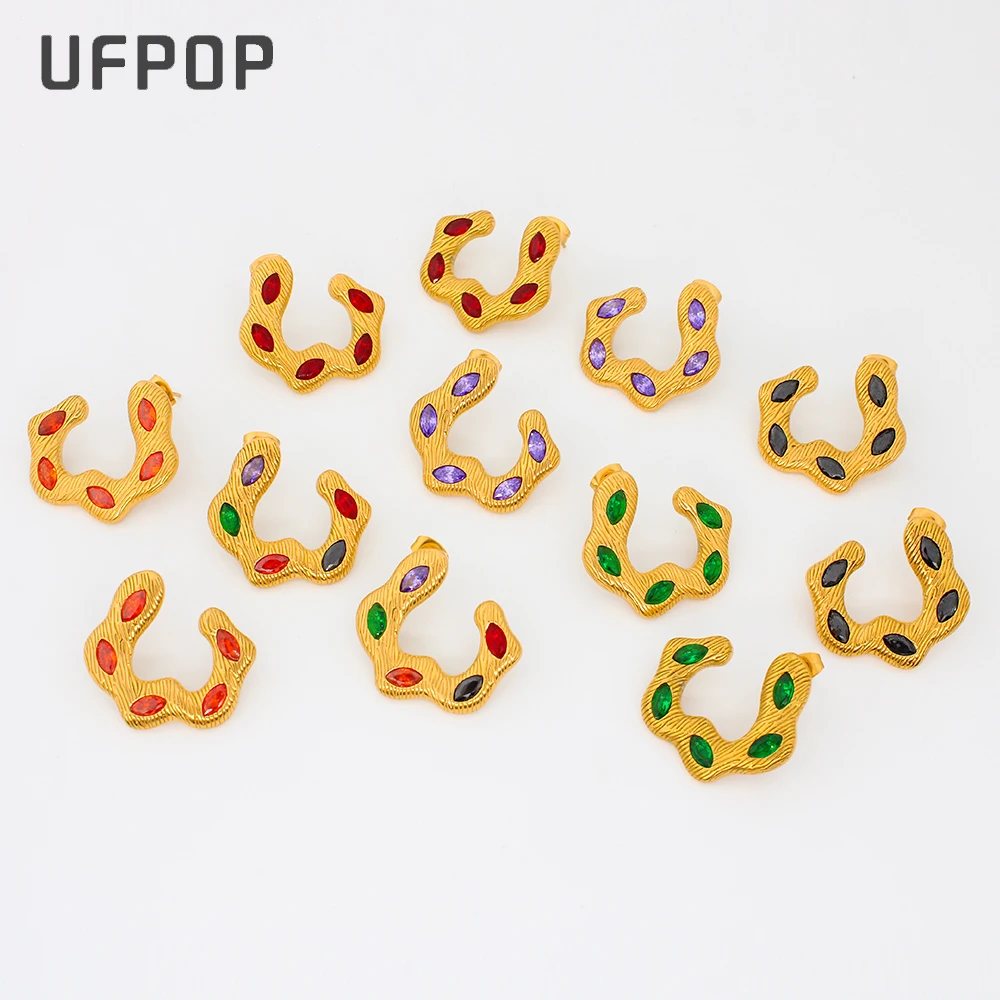 

New Design Fine C Shaped Hoop Earrings INS 18K Gold Plated Stainless Steel Colorful Cubic Zirconia Stud Earring For Women