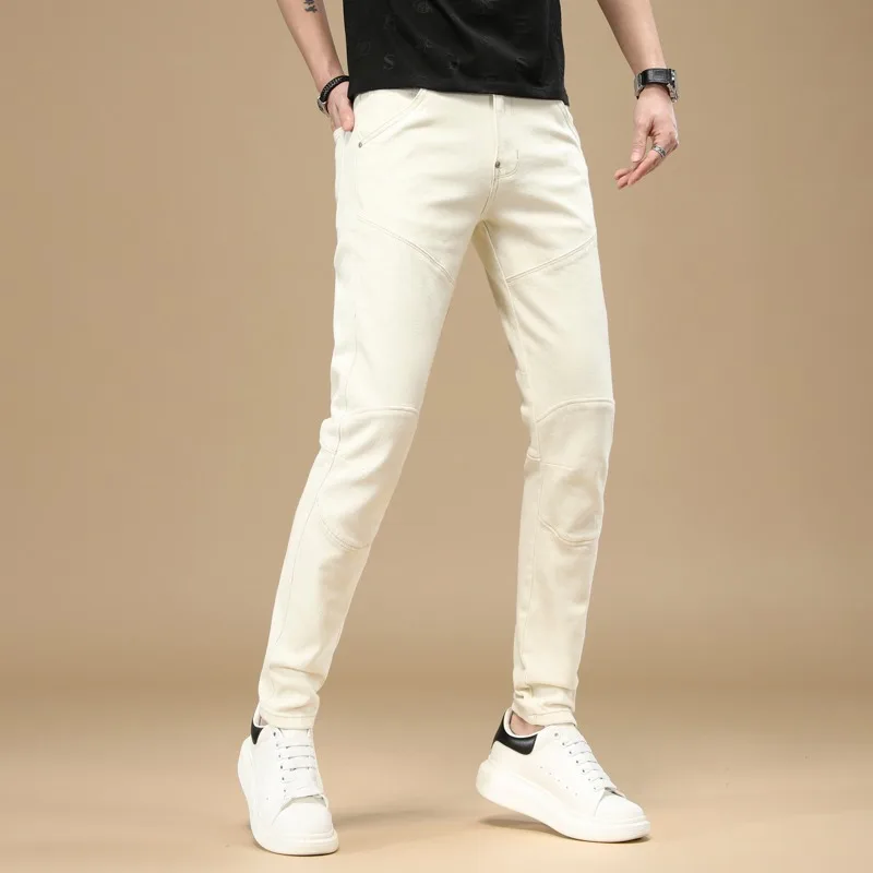 Summer Jeans Men Lightweight Beige Slim Fit Pencil Pants Fashion Korean Style Casual Denim Trousers