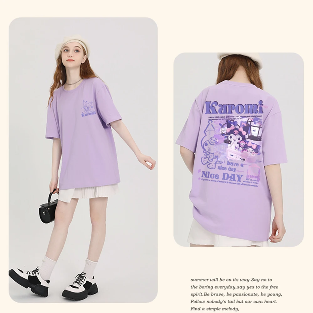 

23 Sanrio Kuromi T-Shirt Kawaii Anime Summer The New Top Loose Oversize Personality Sweet Girl Student Lovers Fashion Tide Brand