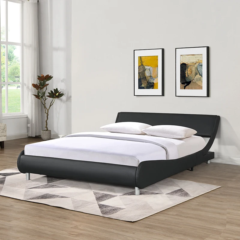 Faux Leather Upholstered Platform Bed Frame, Curve Design, Wood Slat Support, No Box Spring Needed, Easy Assemble, Queen Size