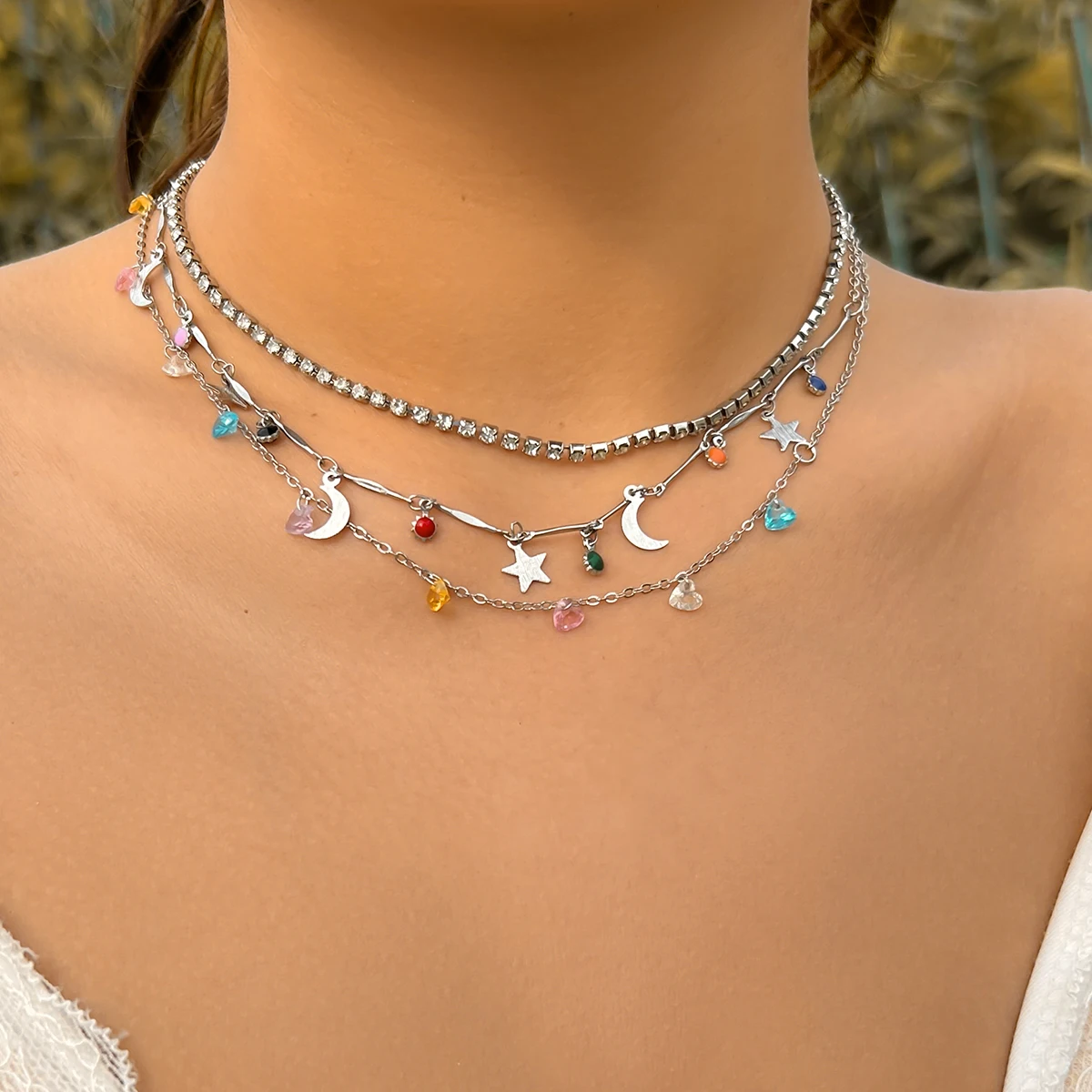 

Layered Chain with Stars/Moon and Colorful Stone Pendant Necklace for Women Trendy Shiny Rhinestone Choker Necklace 2023 Jewelry