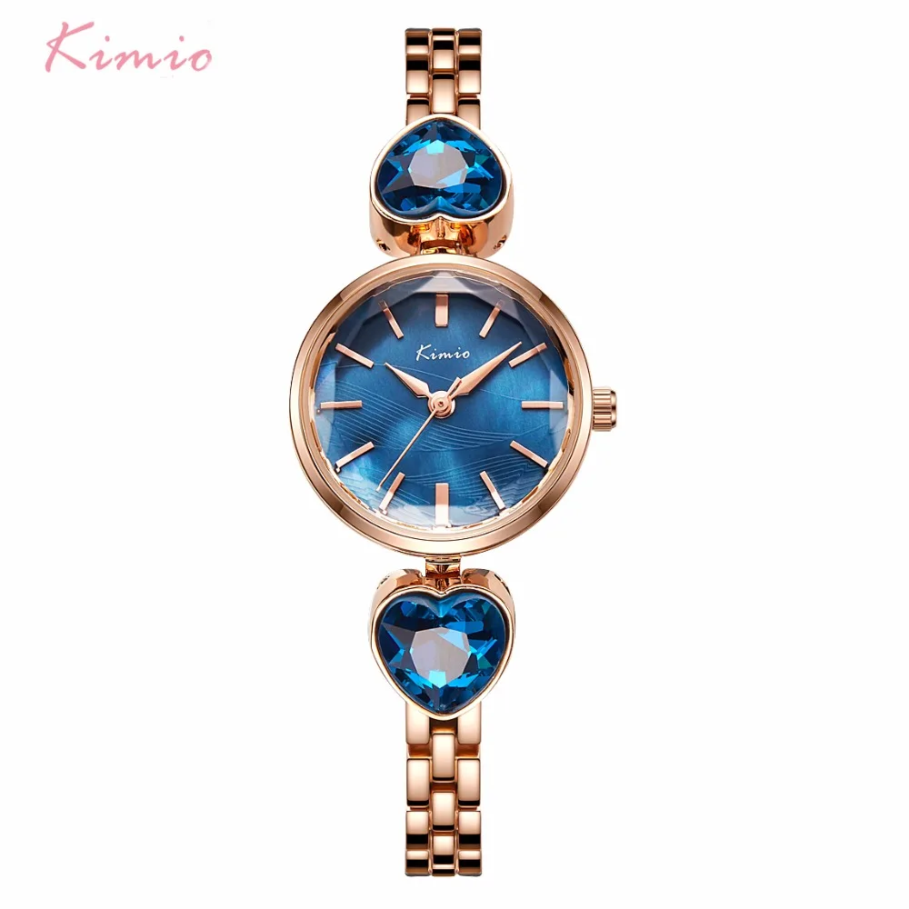

3780 KIMIO Women Blue Crystal Quartz Watches Multi-cut Face Dial Ladies Dress WristWatch Simple Heart Love Bracelet Watches