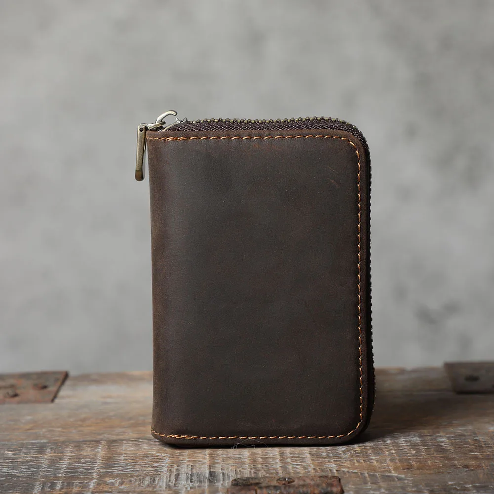 Retro VIP ID Bank Credit Card Holder Rfid Zipper Organ Wallet Slim Small Cards Cases Crazy Horse Genuine Leather Mens Card Bag