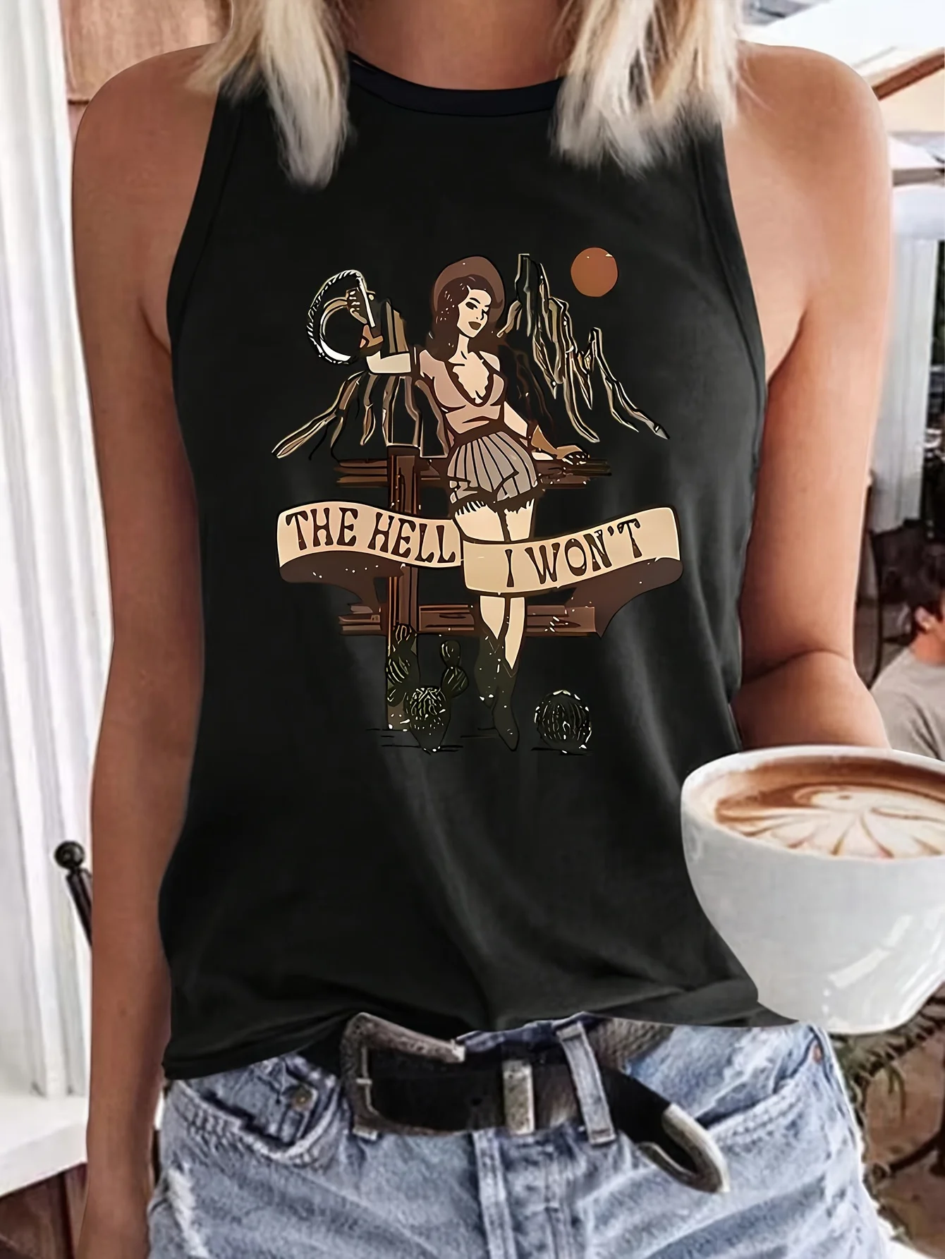 Женская джинсовая майка без рукавов с круглым вырезом