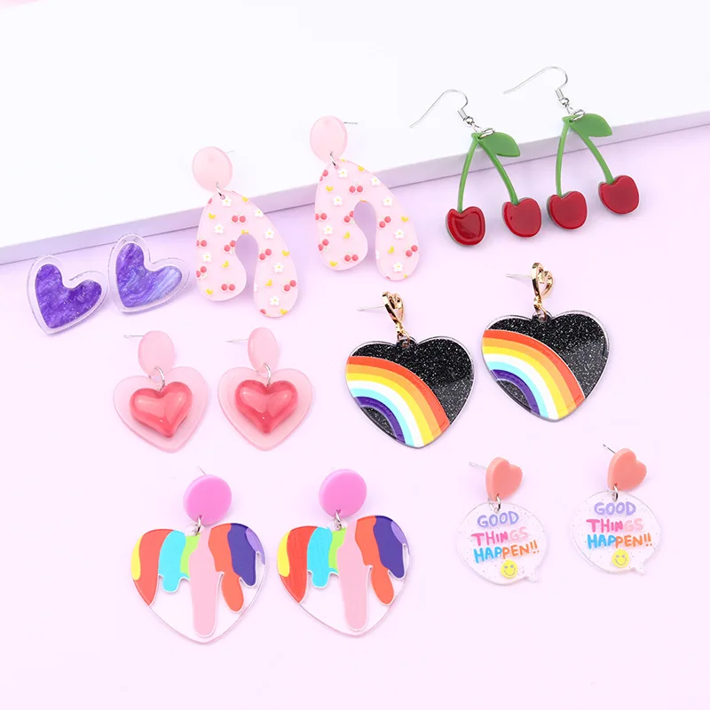 

VSnow Korean Sweet Love Heart Cherry Rainbow Contrast Color Dangle Earings for Women Trendy Arcylic Geometric Earings Jewelry
