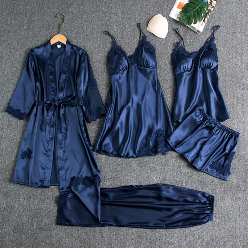 5PCS/Set Women Satin Pajamas Sexy Lace Bathrobe Nightdress Camisole Shorts &Pants Glossy Sleepwear Loungewear Ladies Nightgown
