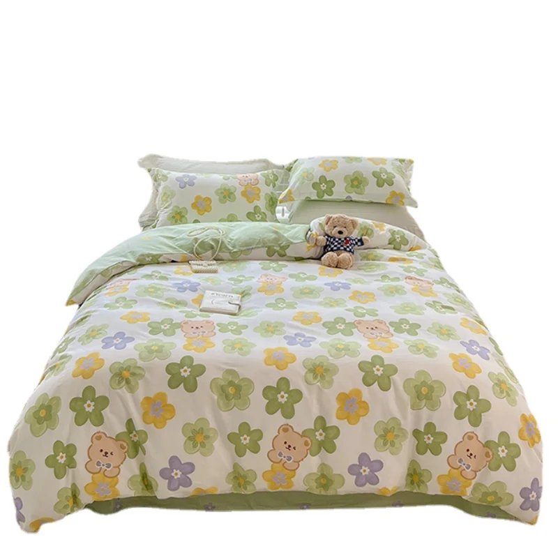 

Fashion Flower Printing Comfortable Fashion Spring And Summer Polyester Sanding Quilt Cover Solid Color Soft Texture Bed Set
