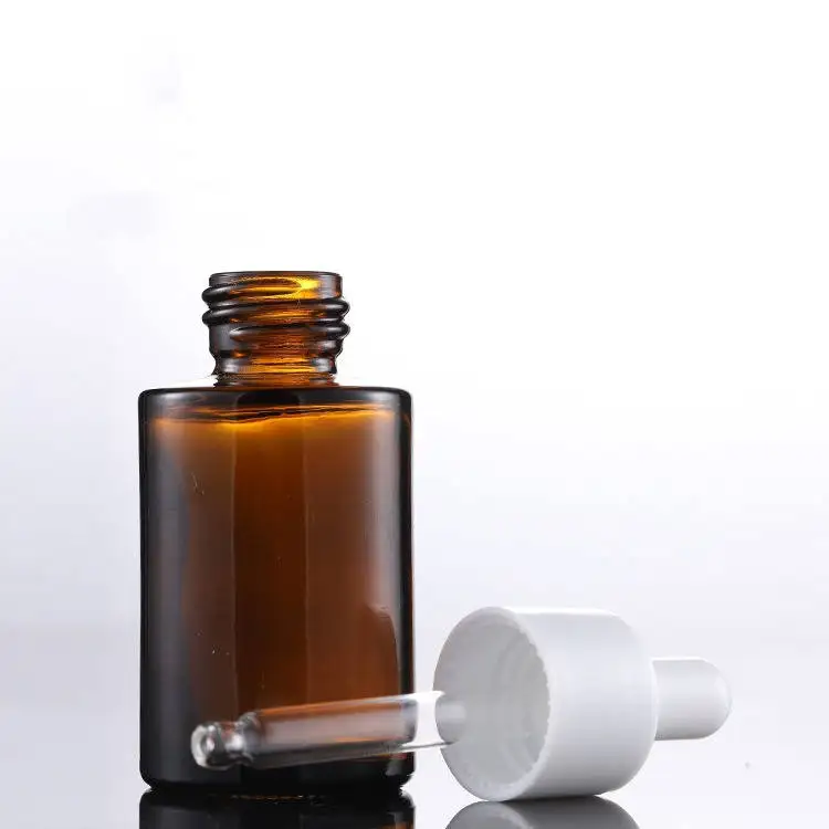 

20ml-100ml Round transparent Glass Bottle with Glass frosted amber Flat shoulders Dropper for essential oils serum packaging