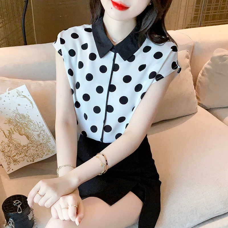 

Polka Dot Chiffon Shirt Short Sleeve lady dress summer 2022 new beautiful fashion foreign style blouse fashion 739f, 531-5