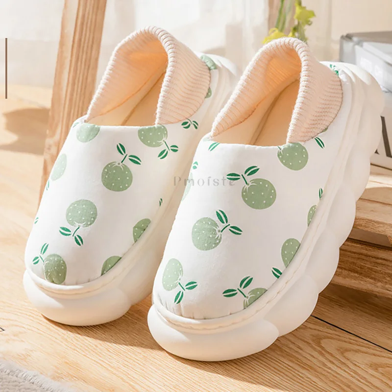 Cute Fruit Printed Women Platform Slippers Winter Casual Home Slippers Soft Warm Plush EVA Non-slip Slippers Indoor Female