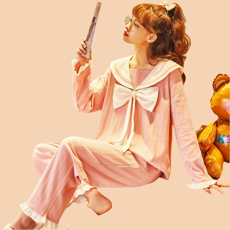 Cute Pajamas Set Full-Sleeve T-shirt Long Pants 2Piece/Set Sexy Big Bow Pyjama Princess Sweet Homewear Cozy Sleepwear Big Size