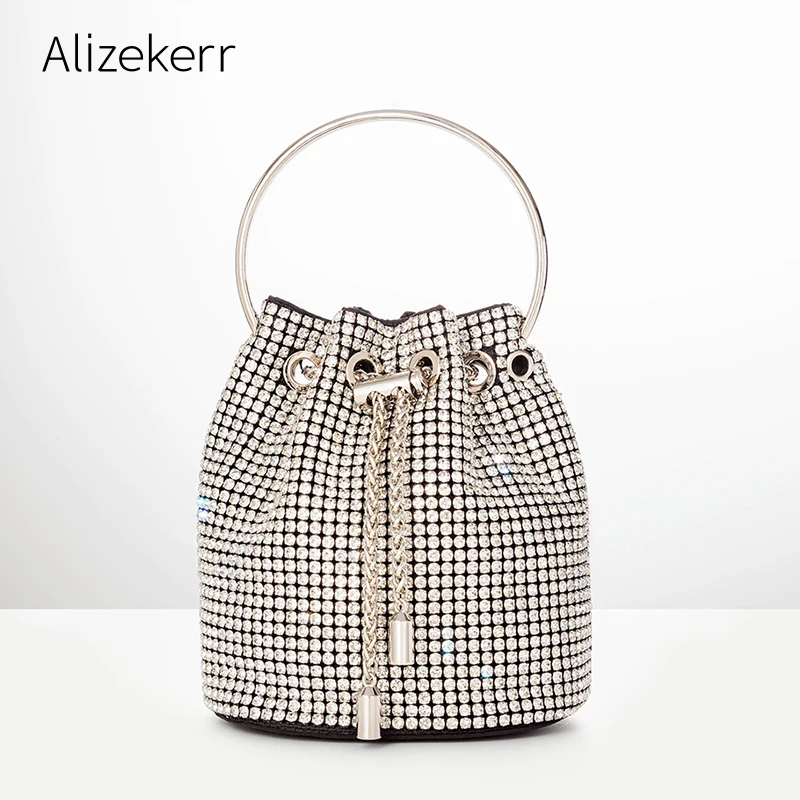 

Trending Diamonds Evening Clutch Bags Women Luxury Designer Silver Shiny Crystal Bucket Purses High Quality Chain Shoulder Bag