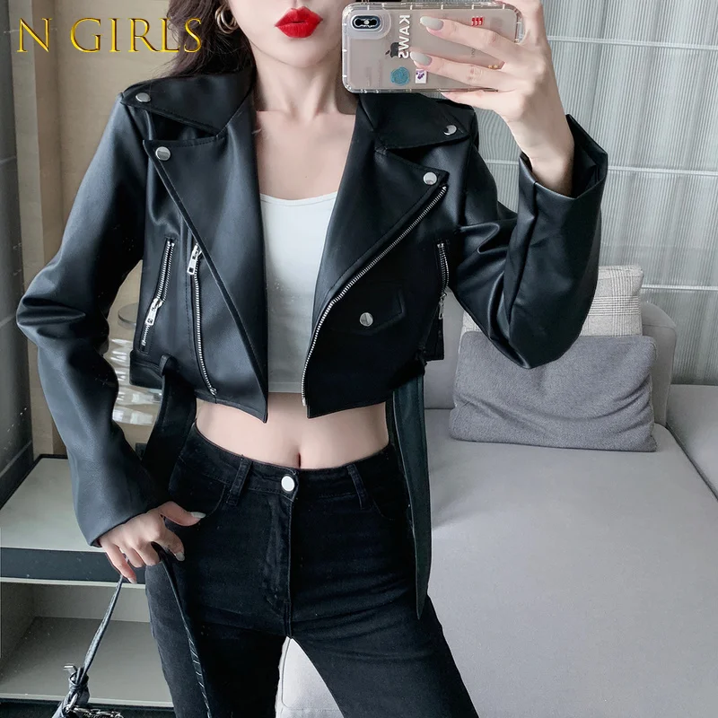 

N GIRLS High Waist Moto Biker Casual Short Zipper Black Leather Jacket Short Lapel Long Sleeve White Faux Leather Street