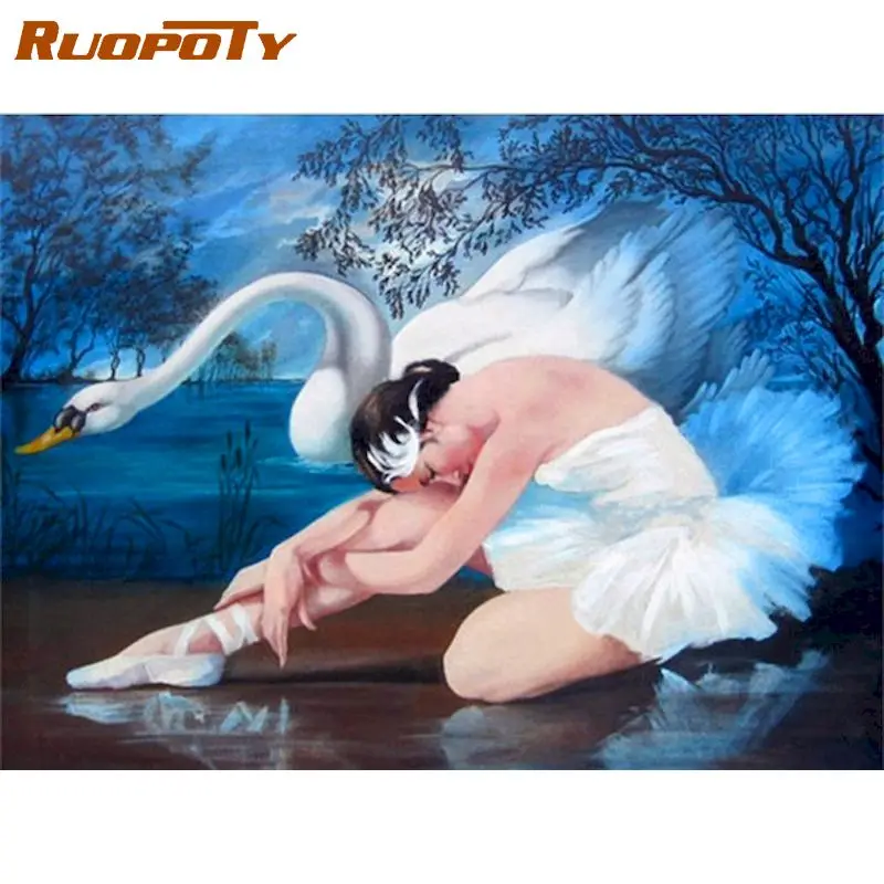 

RUOPOTY Drawing By Number Swan and dancer girl Kits DIY Painting By Numbers Animal On Canvas HandPainted Decor For Living Room