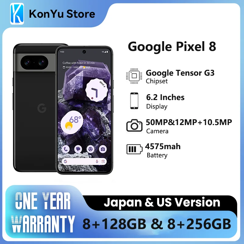 Brand New JP And US Google Pixel 8 Google Tensor G3 4575 mAh 128GB & 256GB OLED Android 14 27W wired IP68 water resistant 5G