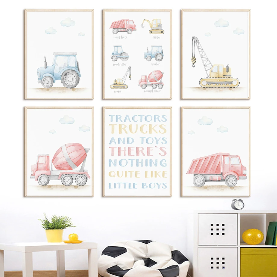 

Cartoon Car Crane Truck Digger Tractor Nursery Child Wall Art Posters And Prints Canvas Painting Pictures Baby Kids Room Decor