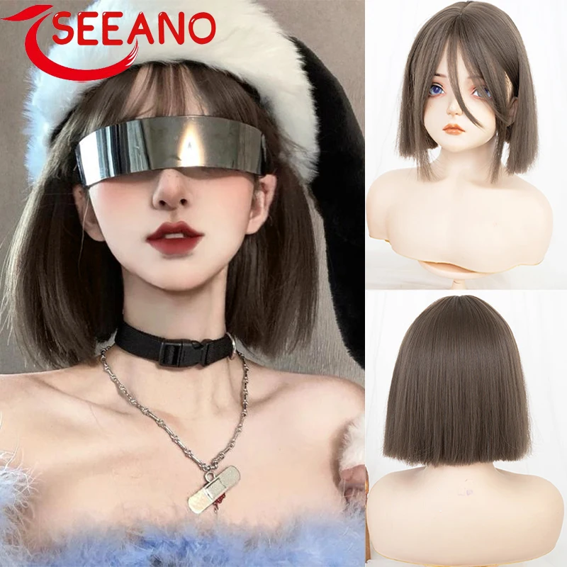 

Парик для косплея SEEANO синтетический, короткие прямые волосы, для девушек, бежевые, челка для косплея, искусственные термостойкие волосы в ст...
