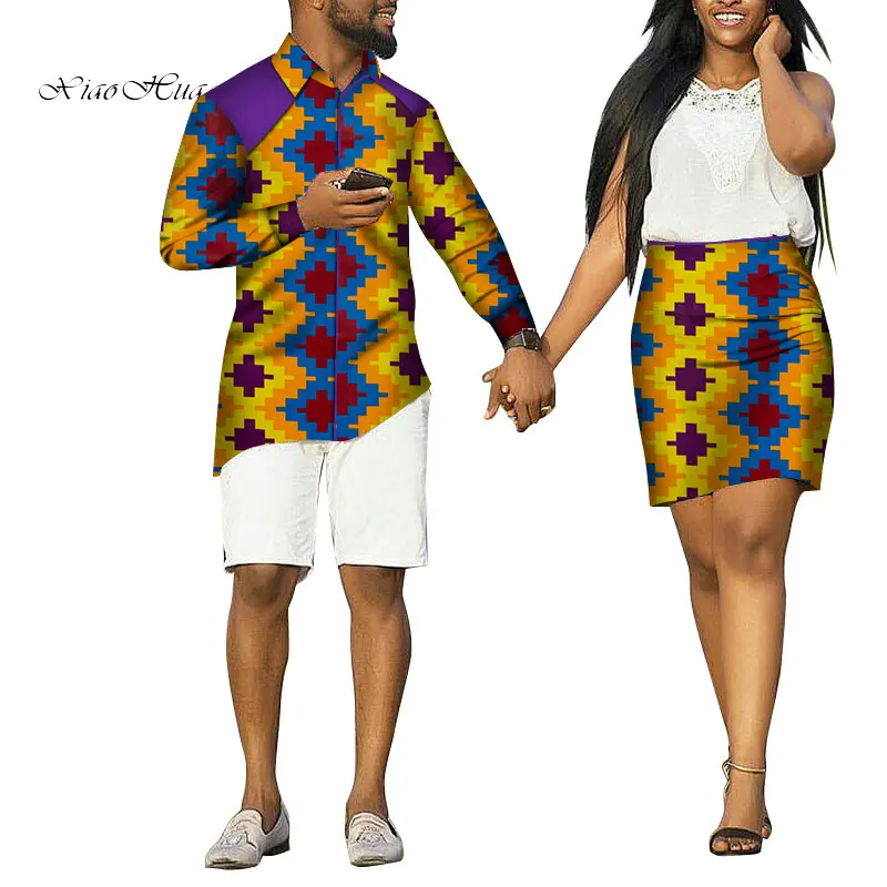 

Sweet Lovers African Couple Clothes Gift Valentine' Day Long Sleeve Mens Shirt Coat and Women Skirt Causal Set Plus Size WYQ190