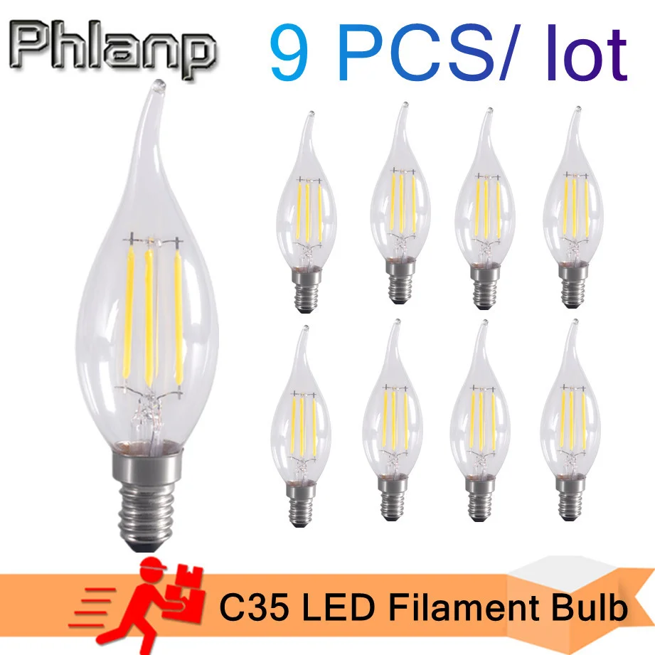 

9PCS LED Bulb E14 E27 2W/4W/6W Dimmable Edison Retro Filament Candle Light AC220V C35 Warm/Cold White 360 Degree Energy Saving