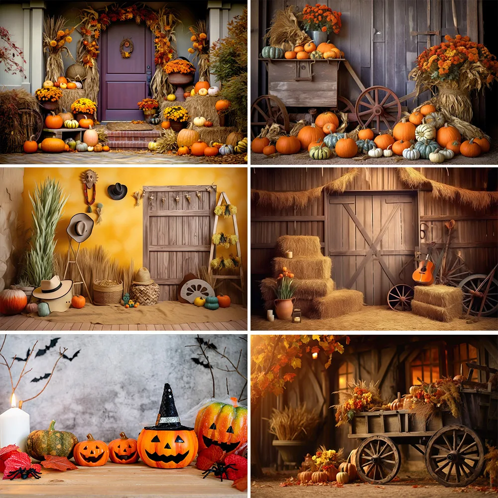 Осенний фон для фотосъемки осенний с изображением тыквы и сена