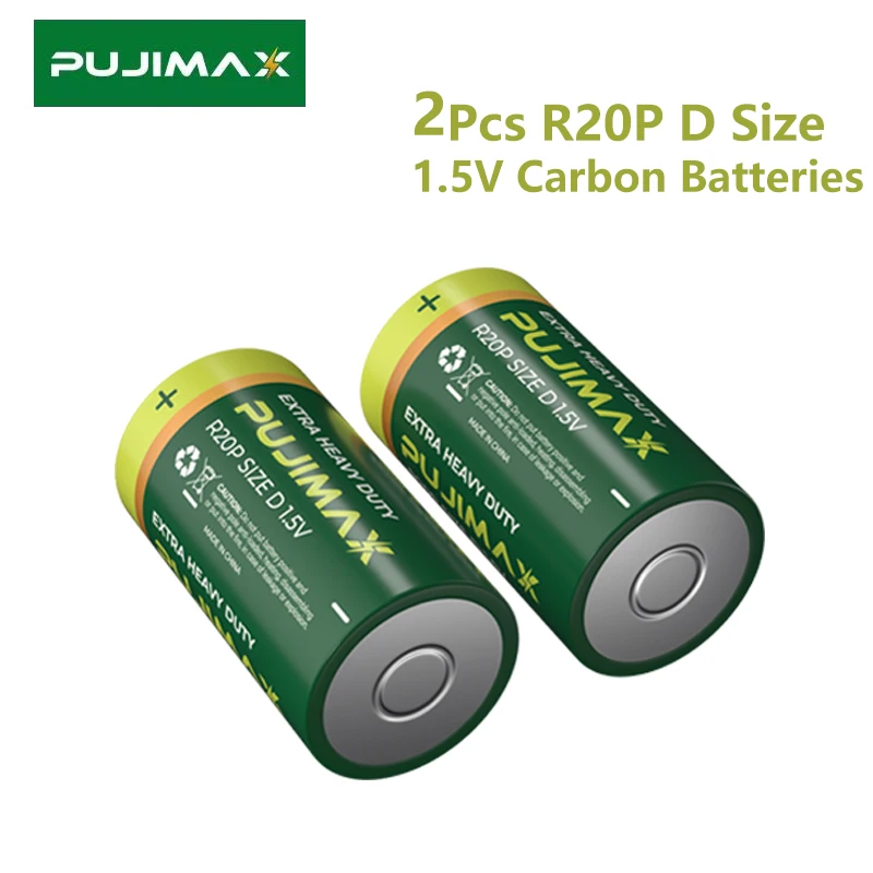 

PUJIMAX 2Pcs R20P D Size 1.5V Batteries Carbon Supper Heavy Duty Dry Primary Battery for Gas Stove Electronic Organ Flashlight