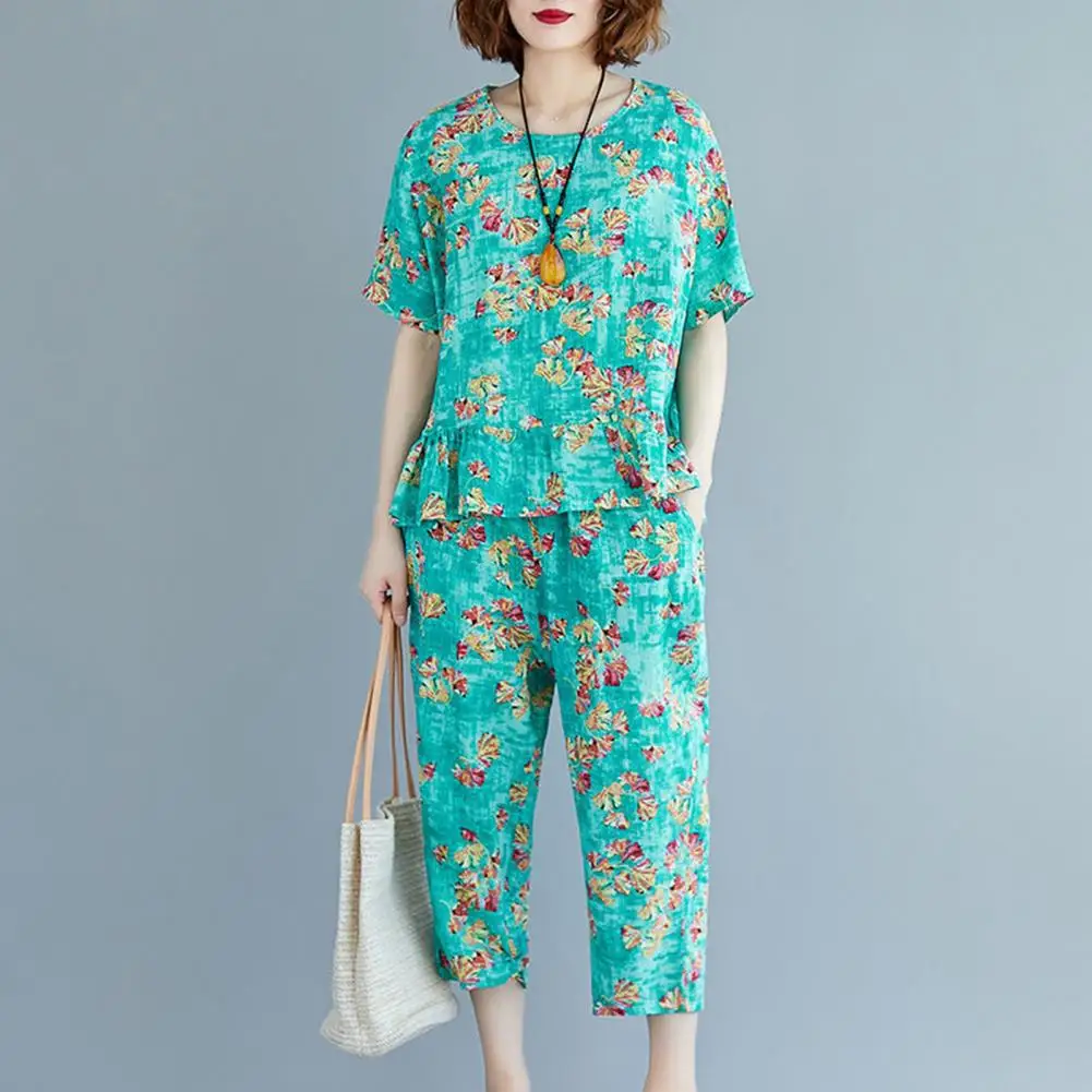 

1 Set Women Tracksuit Casual Outfit Elastic Waist Round Collar Women Outfit Women Tracksuit Summer Outdoor Shirt Pants Suit