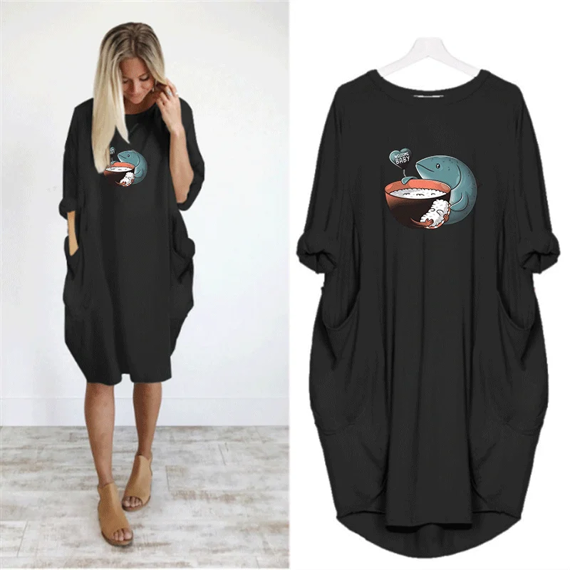 

Autumn Dresses for Women 2022 Pocket Long Sleeve Dolphins Print Female Dress Woman O-Neck Loose Mini Casual Ladies Dress Robe